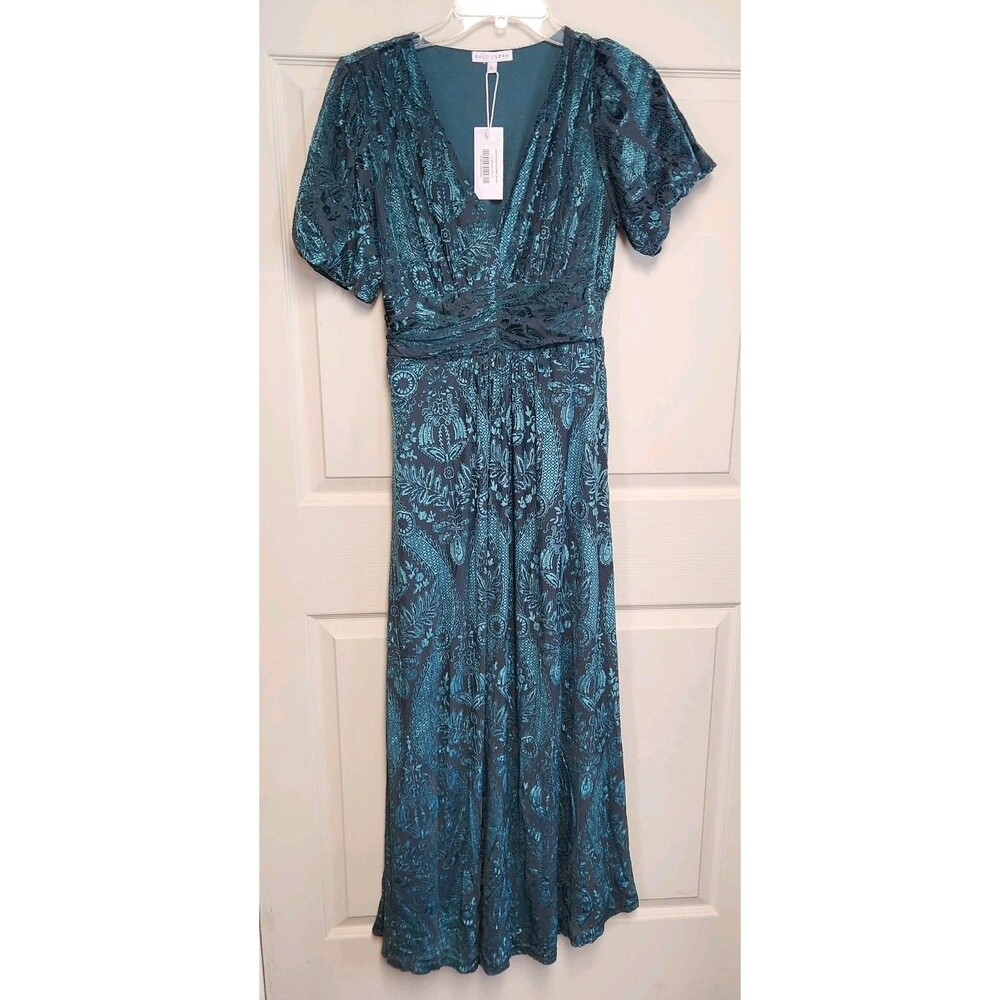 Baltic Born Leslie Embossed Velvet Maxi Emerald Size L Dress Short Sleeve NWT - Picture 2 of 14